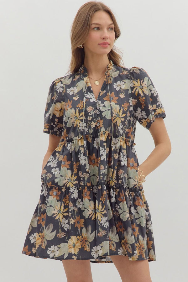 Samantha Floral Tiered Mini Dress, Charcoal