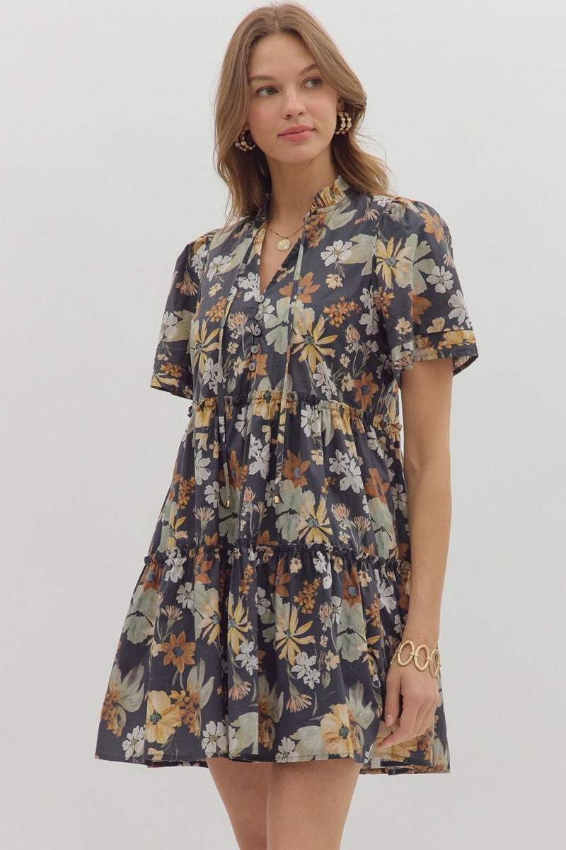 Samantha Floral Tiered Mini Dress, Charcoal