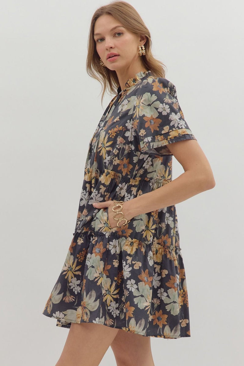 Samantha Floral Tiered Mini Dress, Charcoal