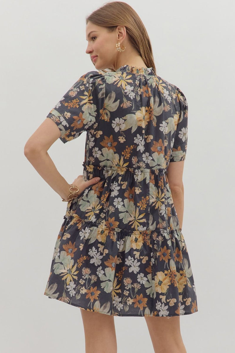 Samantha Floral Tiered Mini Dress, Charcoal