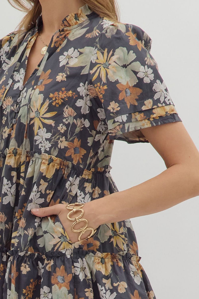 Samantha Floral Tiered Mini Dress, Charcoal