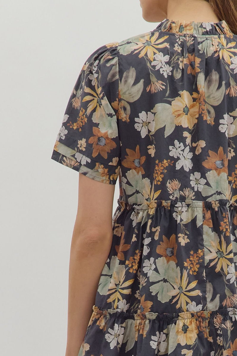 Samantha Floral Tiered Mini Dress, Charcoal