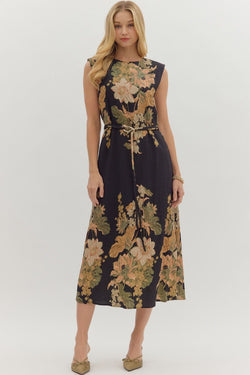 Alaina Floral Tie Waist Dress, Black