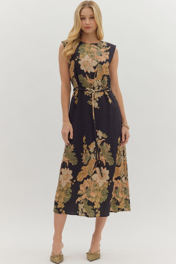 Alaina Floral Tie Waist Dress, Black