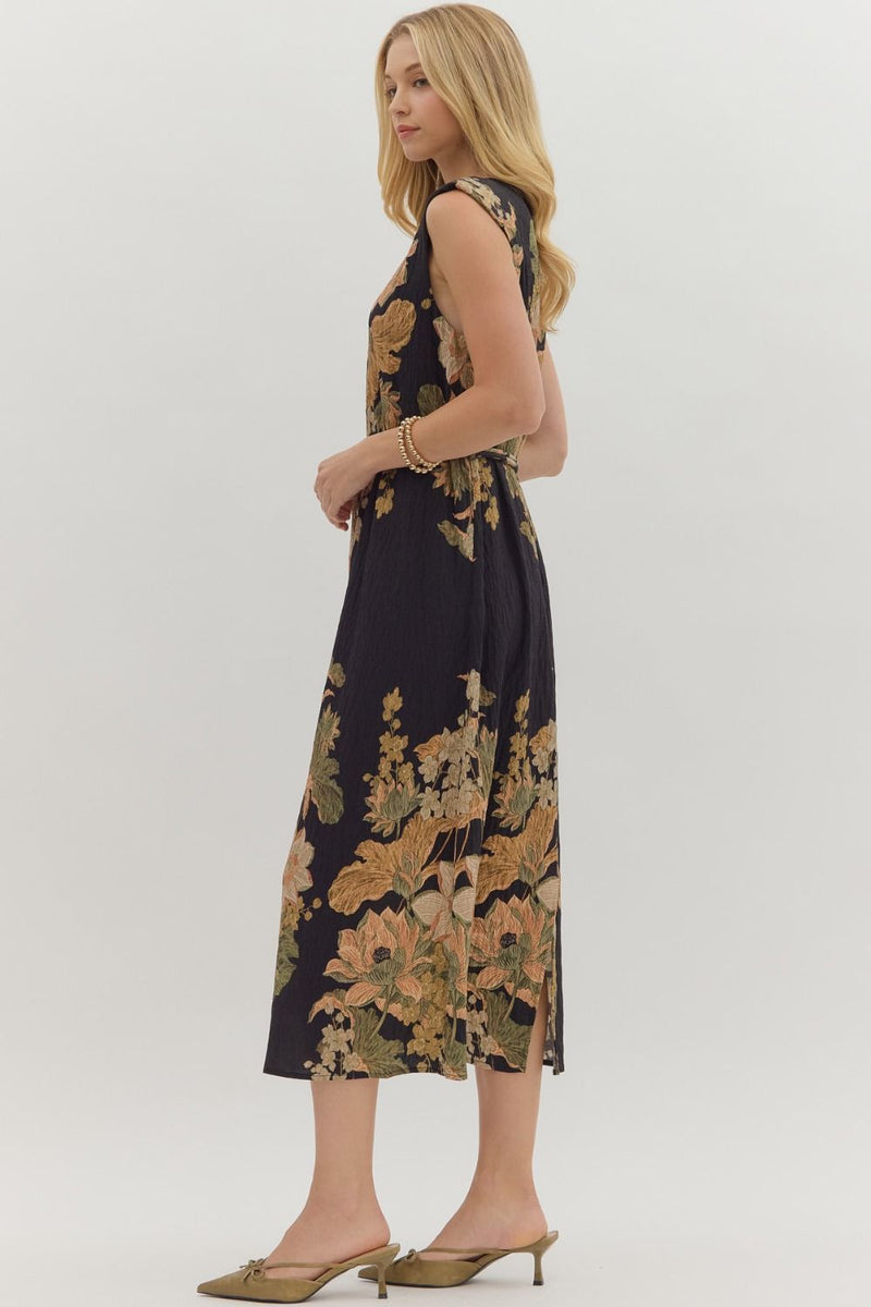 Alaina Floral Tie Waist Dress, Black