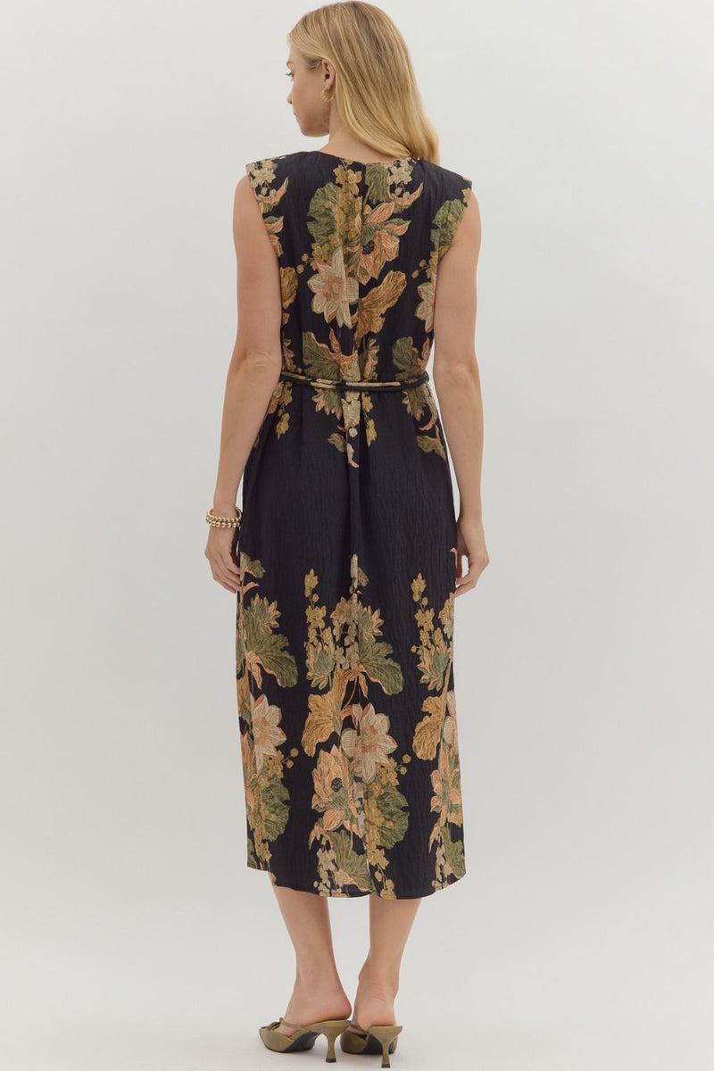 Alaina Floral Tie Waist Dress, Black