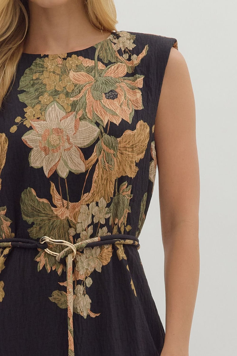 Alaina Floral Tie Waist Dress, Black