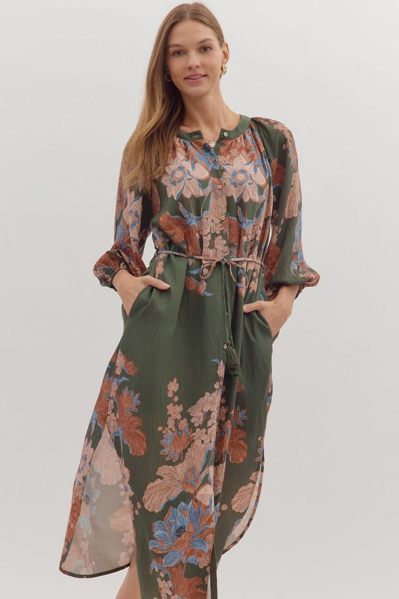 Delaney Floral Print Dress, Olive