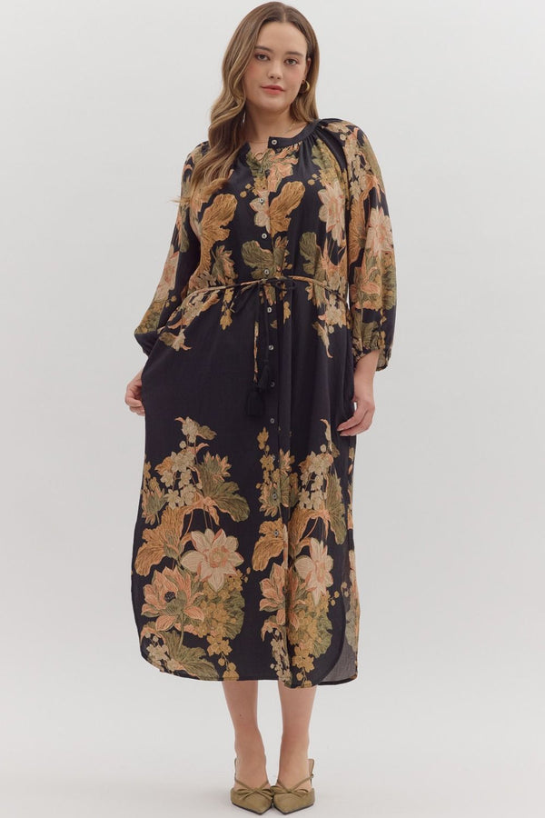 Delaney Floral Print Dress, Black | Plus Size