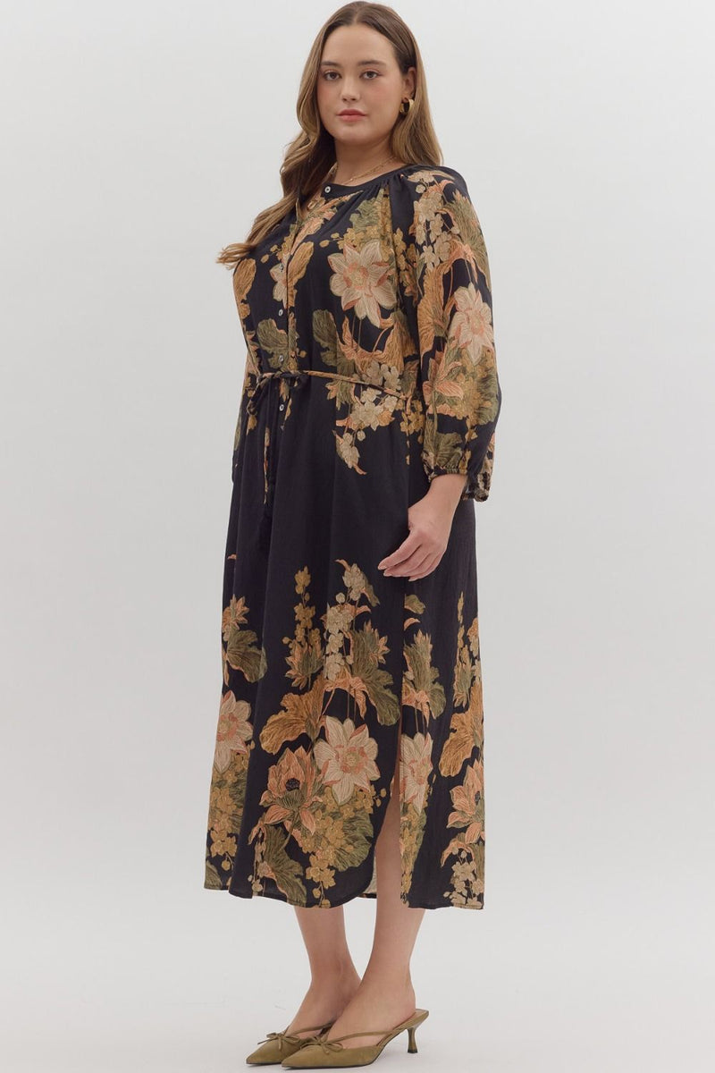 Delaney Floral Print Dress, Black | Plus Size