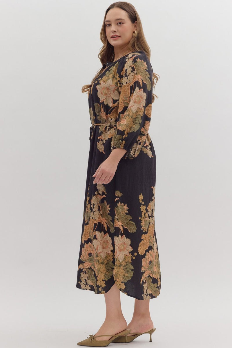 Delaney Floral Print Dress, Black | Plus Size