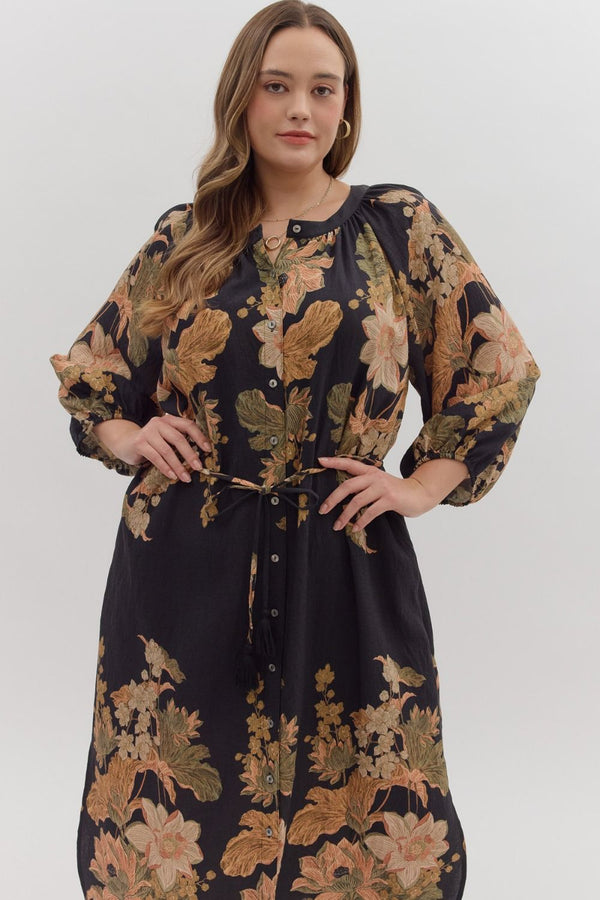 Delaney Floral Print Dress, Black | Plus Size