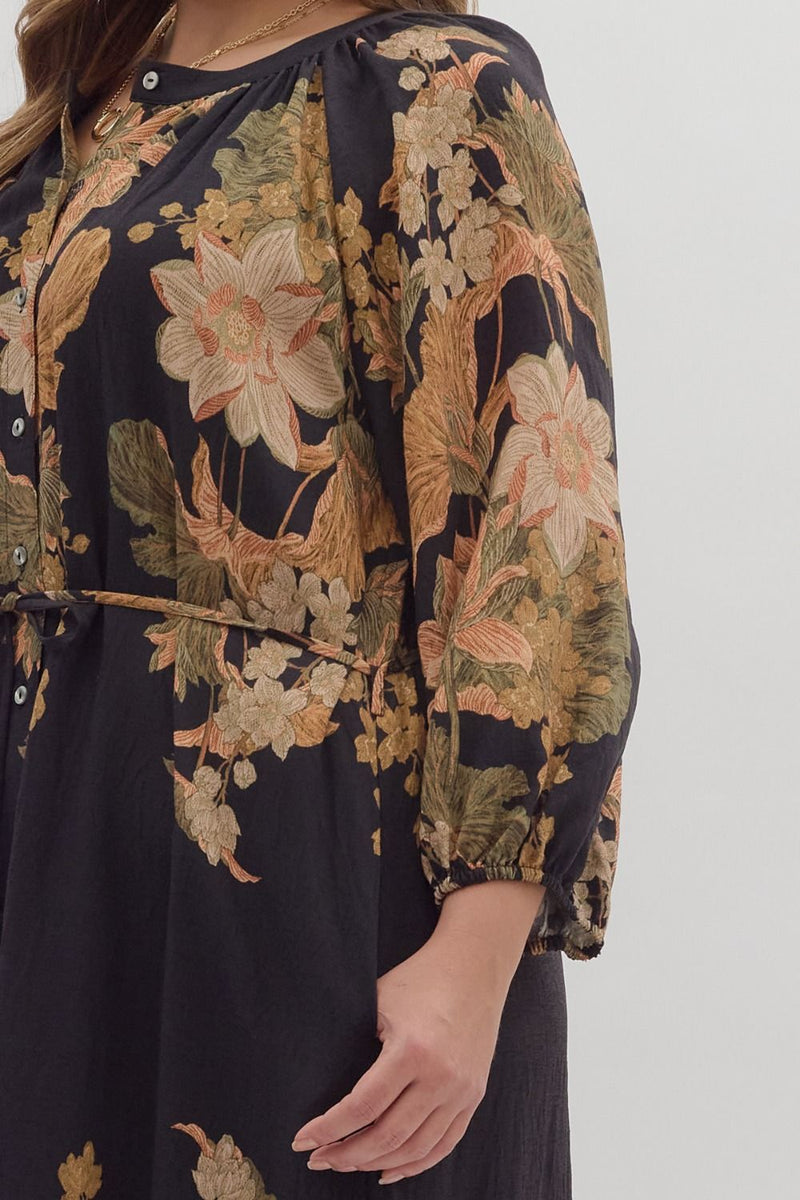 Delaney Floral Print Dress, Black | Plus Size