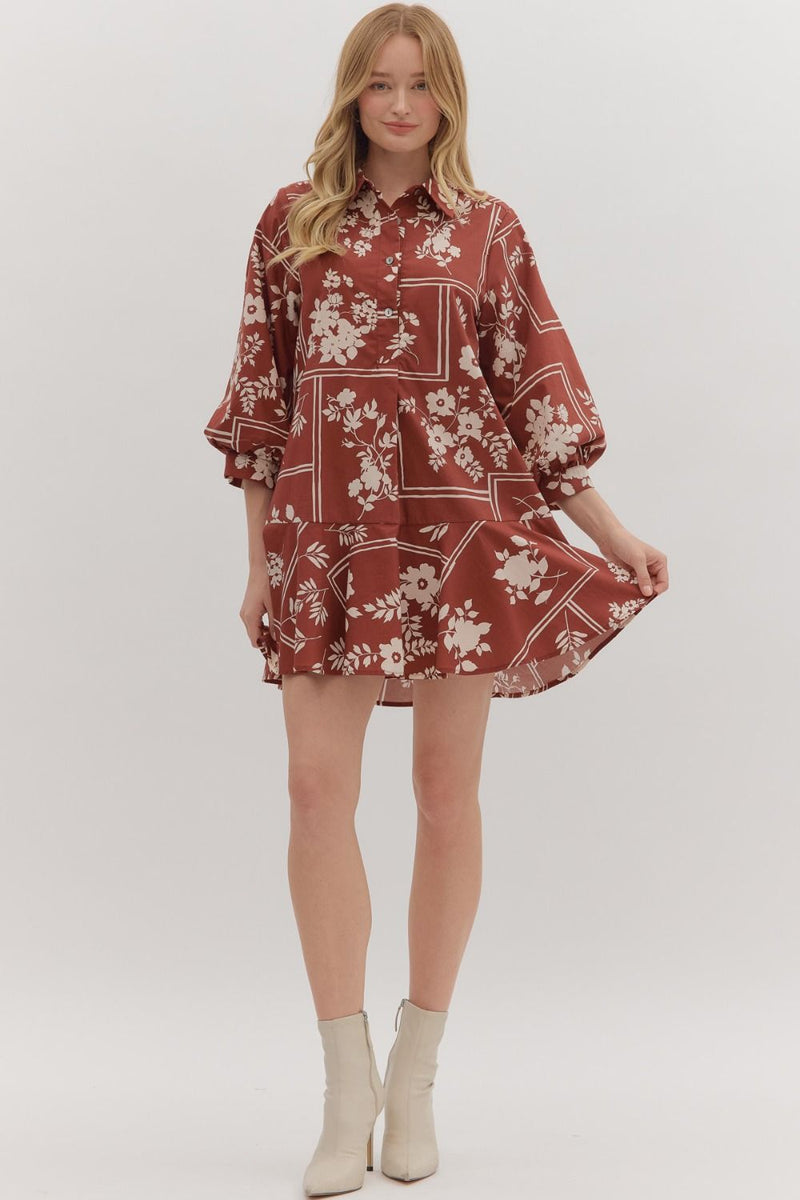 Charlie Printed Collared Mini Dress, Red Brown