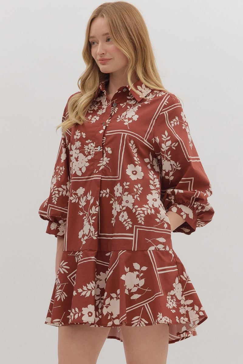 Charlie Printed Collared Mini Dress, Red Brown