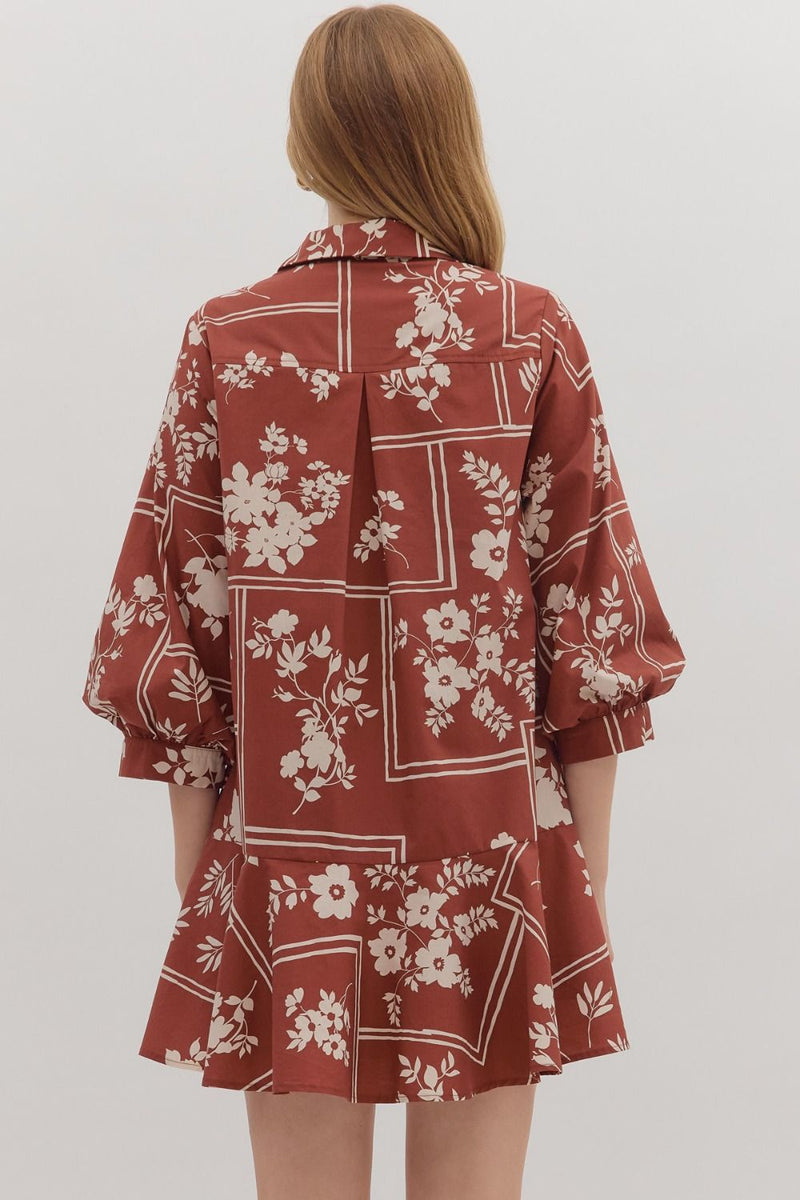 Charlie Printed Collared Mini Dress, Red Brown