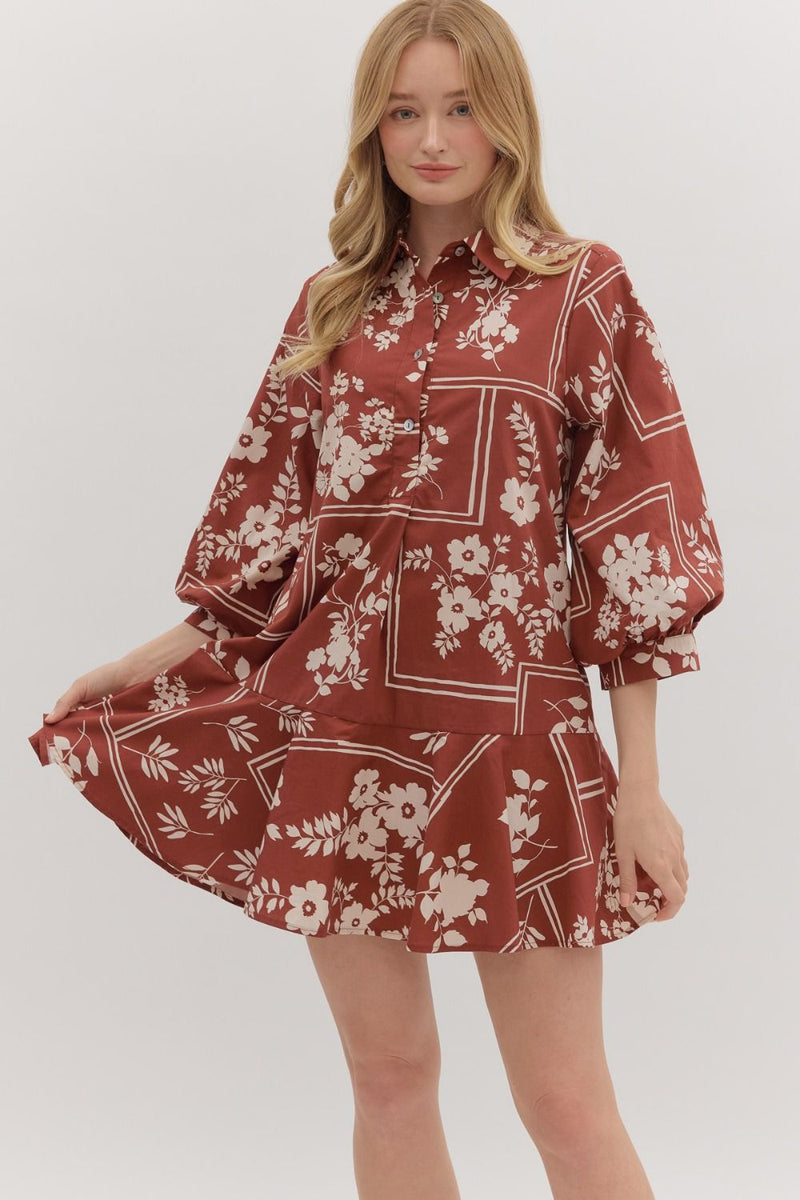 Charlie Printed Collared Mini Dress, Red Brown