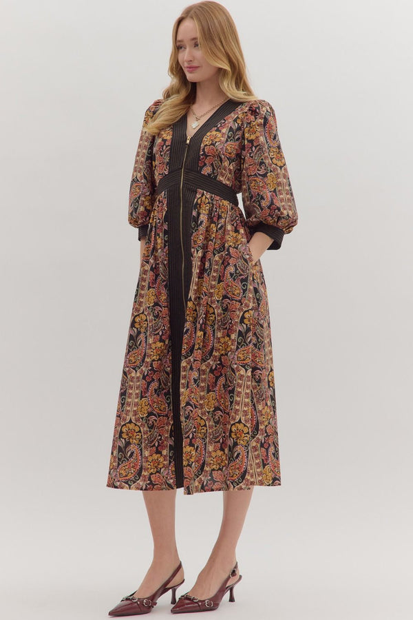 Eleanor Paisley Midi Dress, Black
