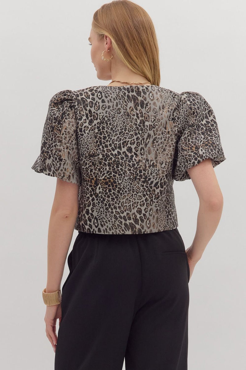 Faye Puff Sleeve Leopard Jacket, Black