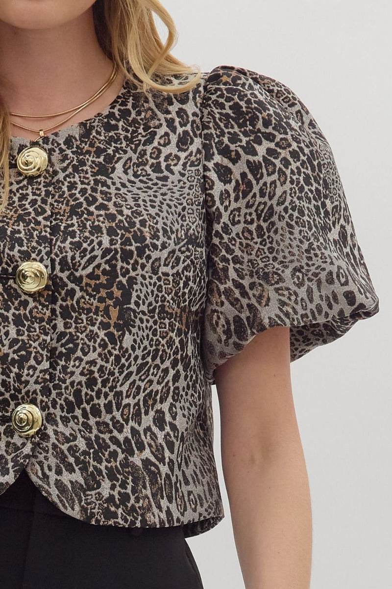 Faye Puff Sleeve Leopard Jacket, Black