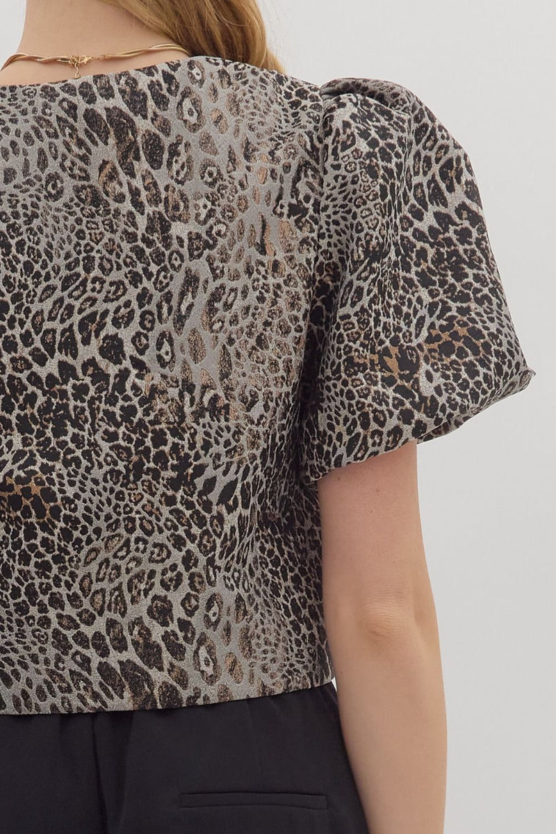 Faye Puff Sleeve Leopard Jacket, Black