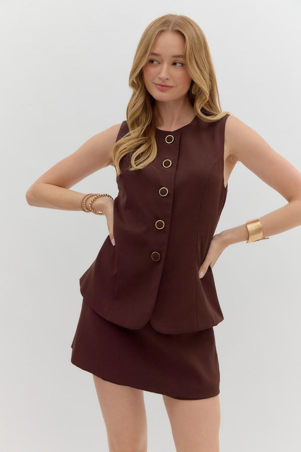 Geraldine Solid Button Down Romper, Chocolate