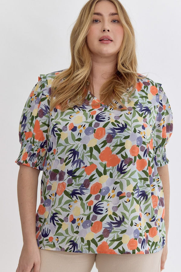 Gianna Puff Sleeve Floral Top, Blue Multi | Plus Size