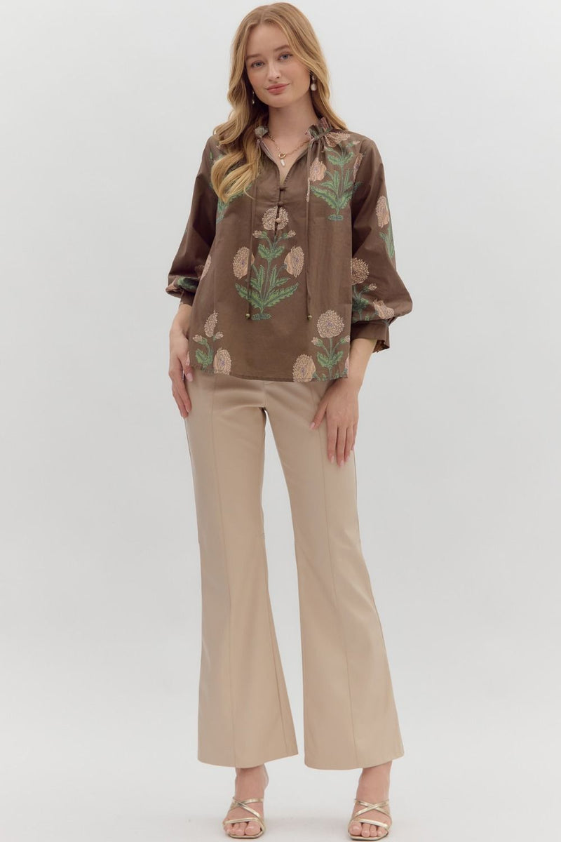 Miranda Floral Bubble Sleeve Blouse, Brown