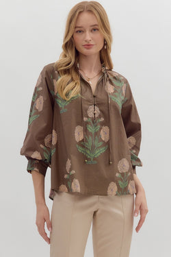 Miranda Floral Bubble Sleeve Blouse, Brown