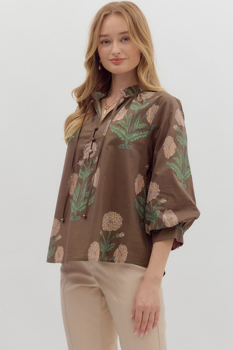 Miranda Floral Bubble Sleeve Blouse, Brown