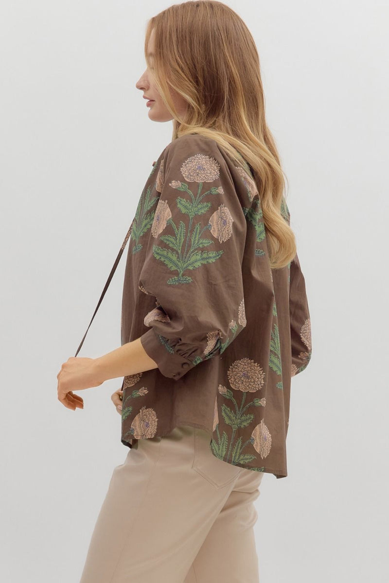 Miranda Floral Bubble Sleeve Blouse, Brown