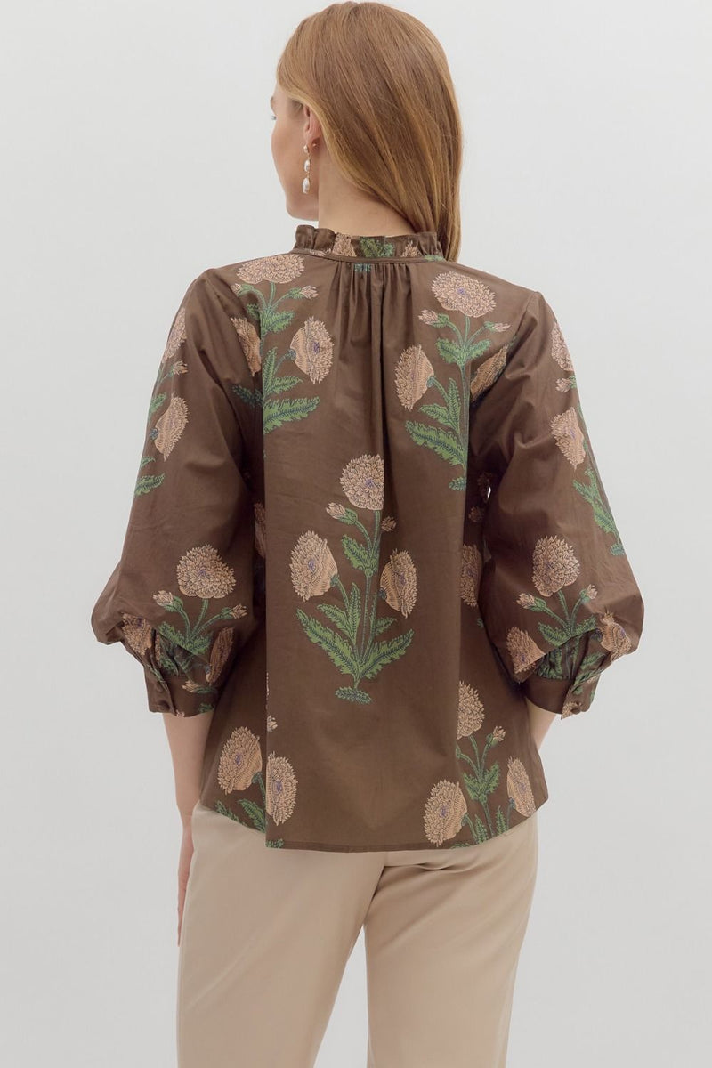 Miranda Floral Bubble Sleeve Blouse, Brown