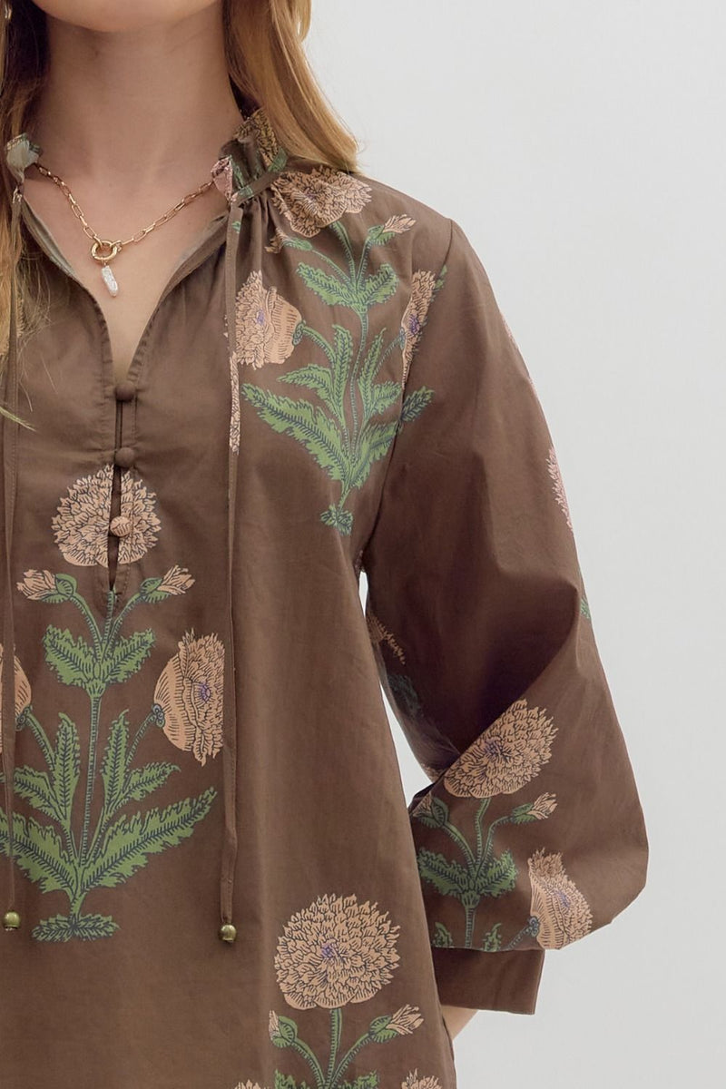Miranda Floral Bubble Sleeve Blouse, Brown