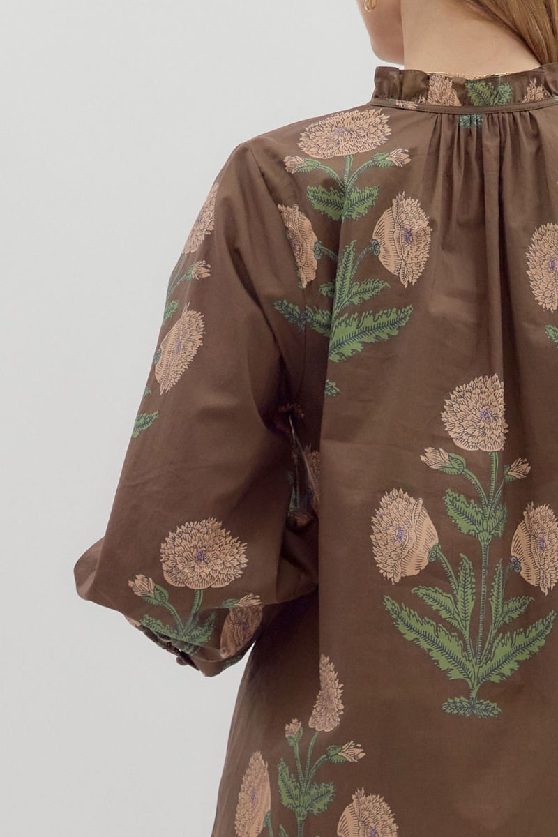 Miranda Floral Bubble Sleeve Blouse, Brown