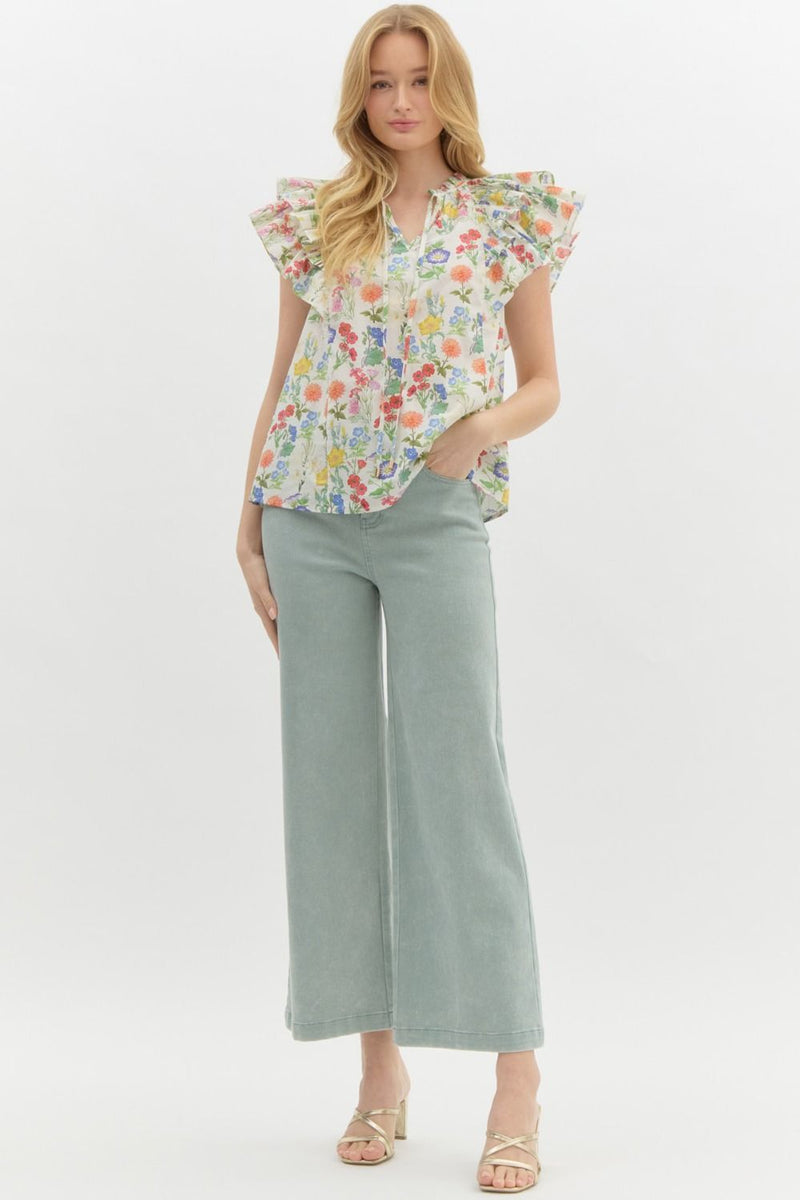Macie Double Ruffle Sleeve Floral Top, Ivory