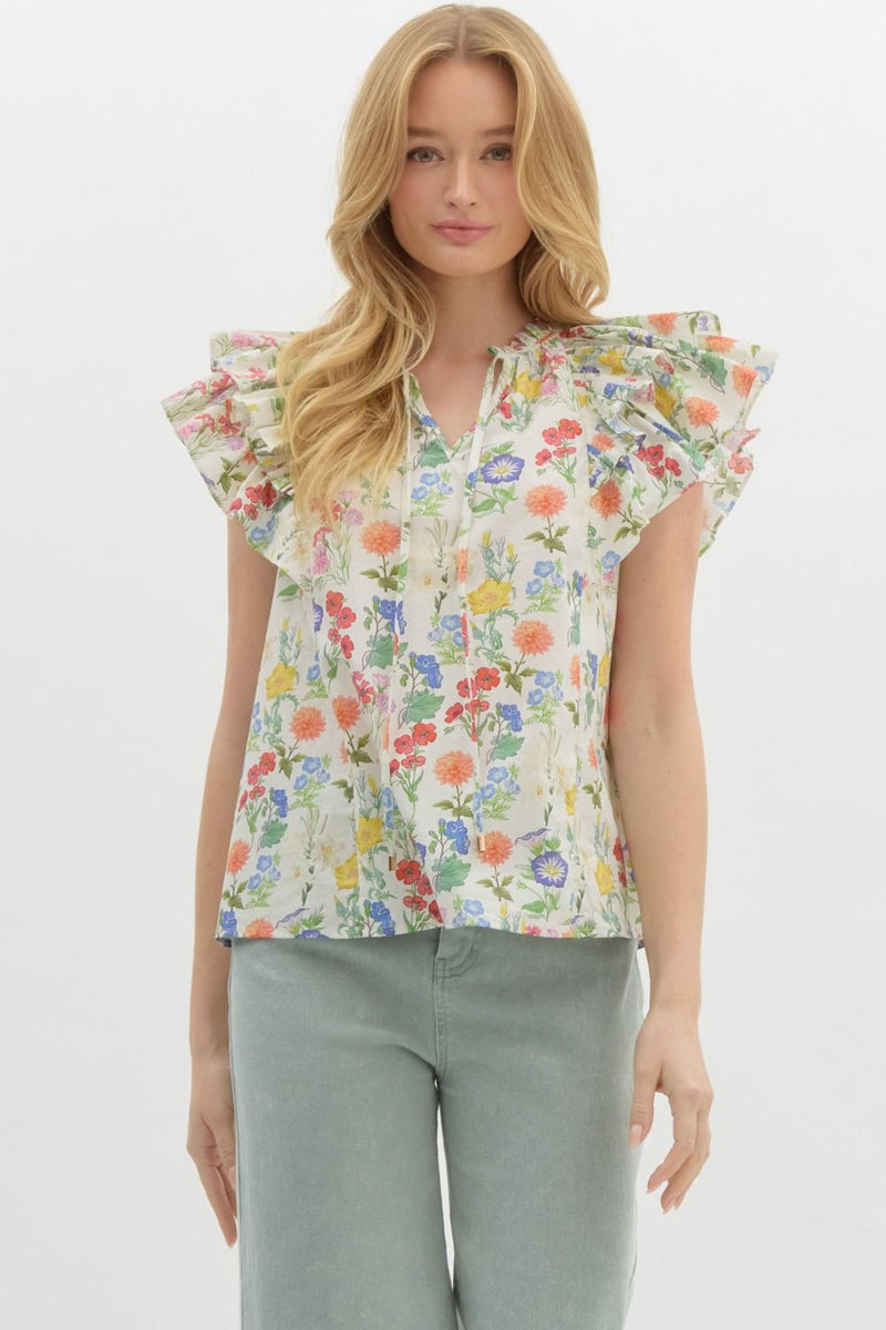 Macie Double Ruffle Sleeve Floral Top, Ivory