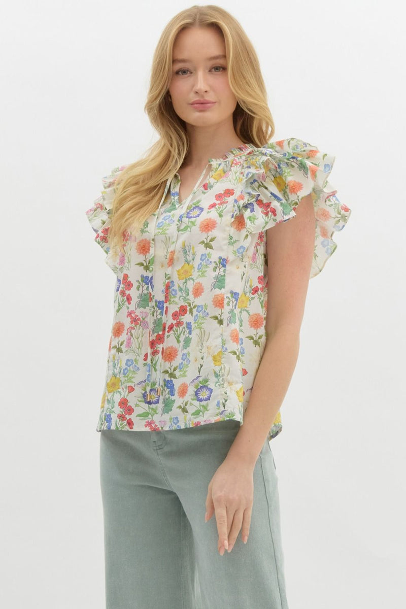 Macie Double Ruffle Sleeve Floral Top, Ivory