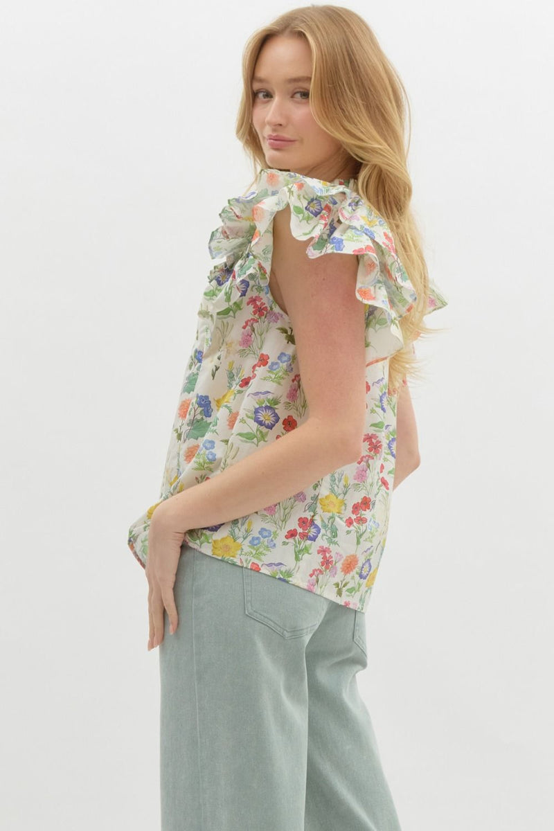 Macie Double Ruffle Sleeve Floral Top, Ivory