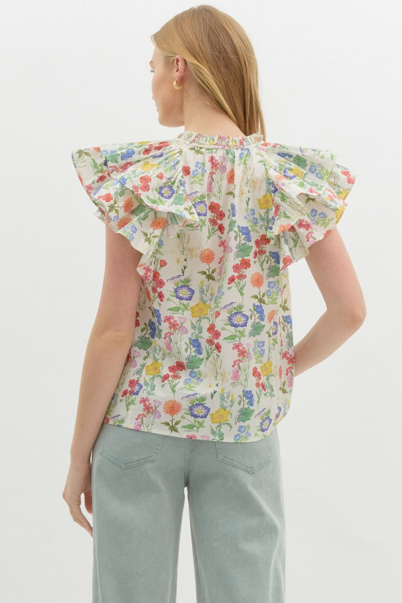 Macie Double Ruffle Sleeve Floral Top, Ivory