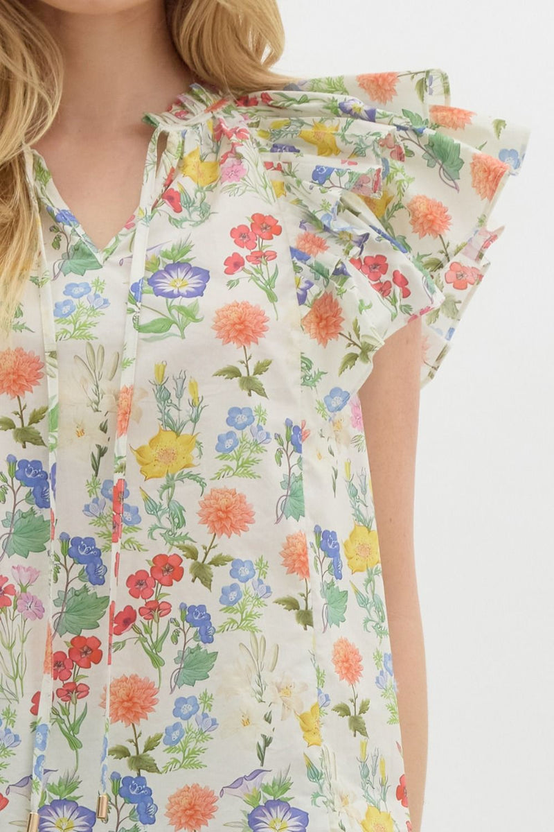 Macie Double Ruffle Sleeve Floral Top, Ivory