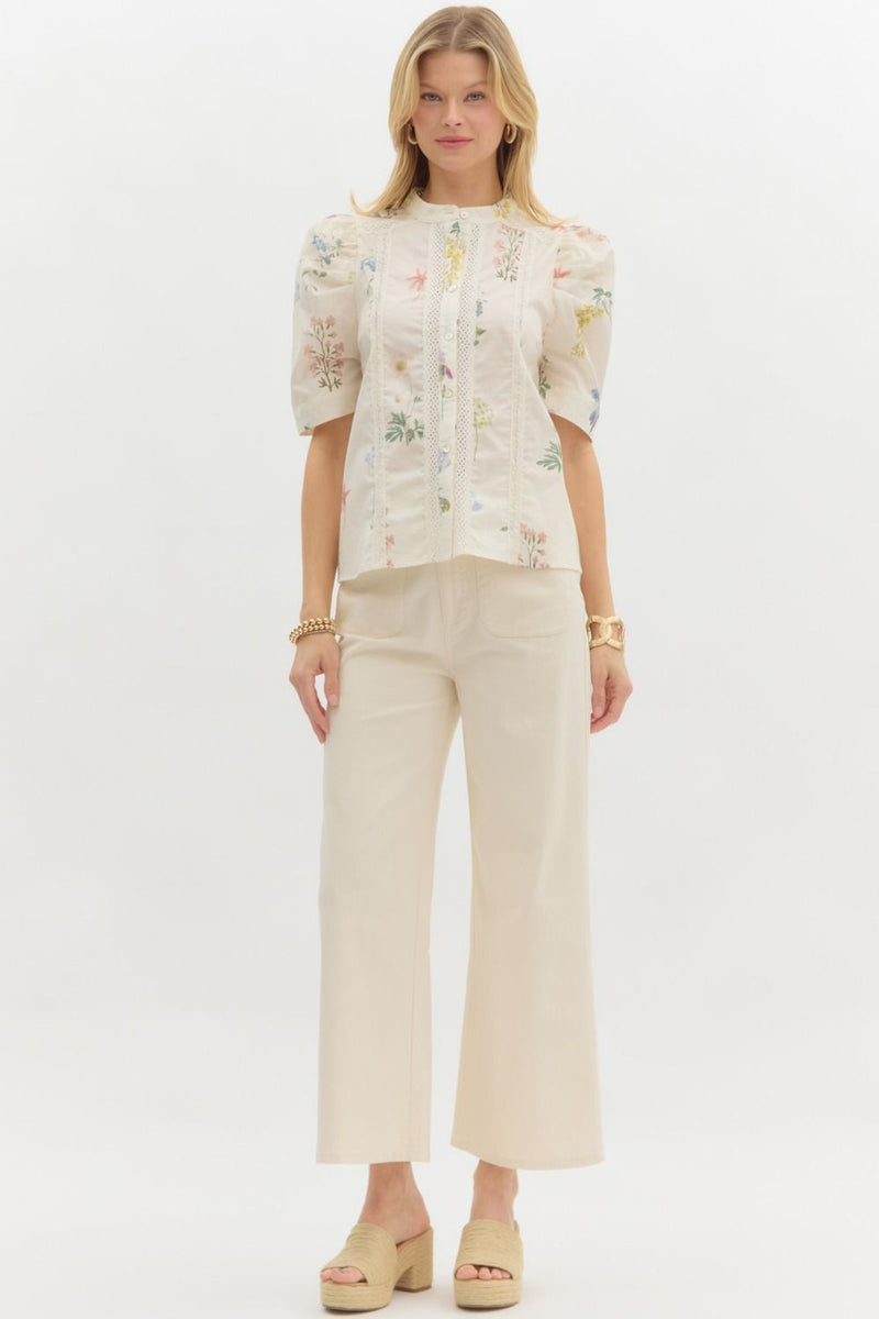 Daleyza Floral Lace Trim Blouse, Cream