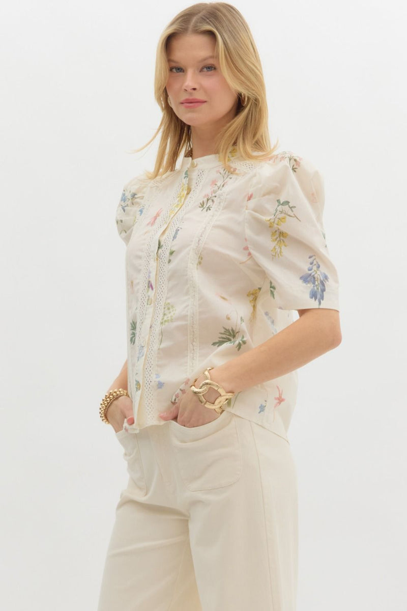 Daleyza Floral Lace Trim Blouse, Cream