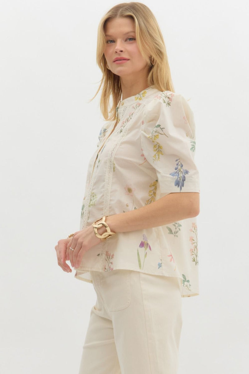 Daleyza Floral Lace Trim Blouse, Cream