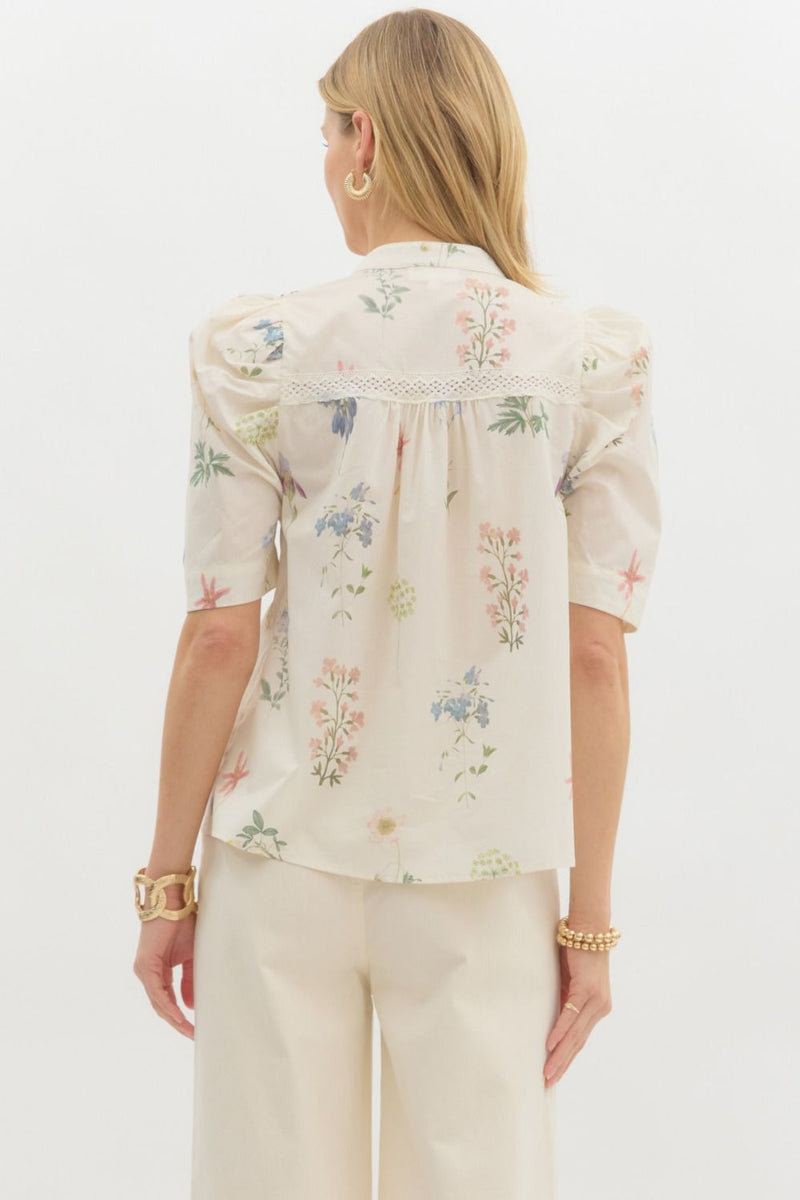 Daleyza Floral Lace Trim Blouse, Cream