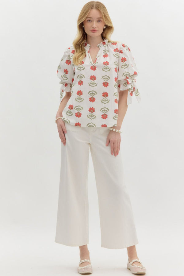Athena Floral Print Ruffle Neck Top, Off White