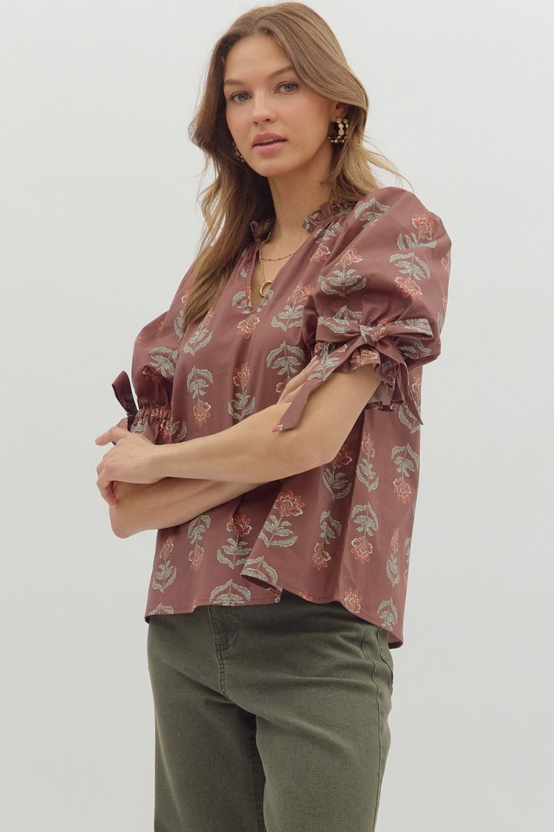 Athena Floral Print Ruffle Neck Top, Brown