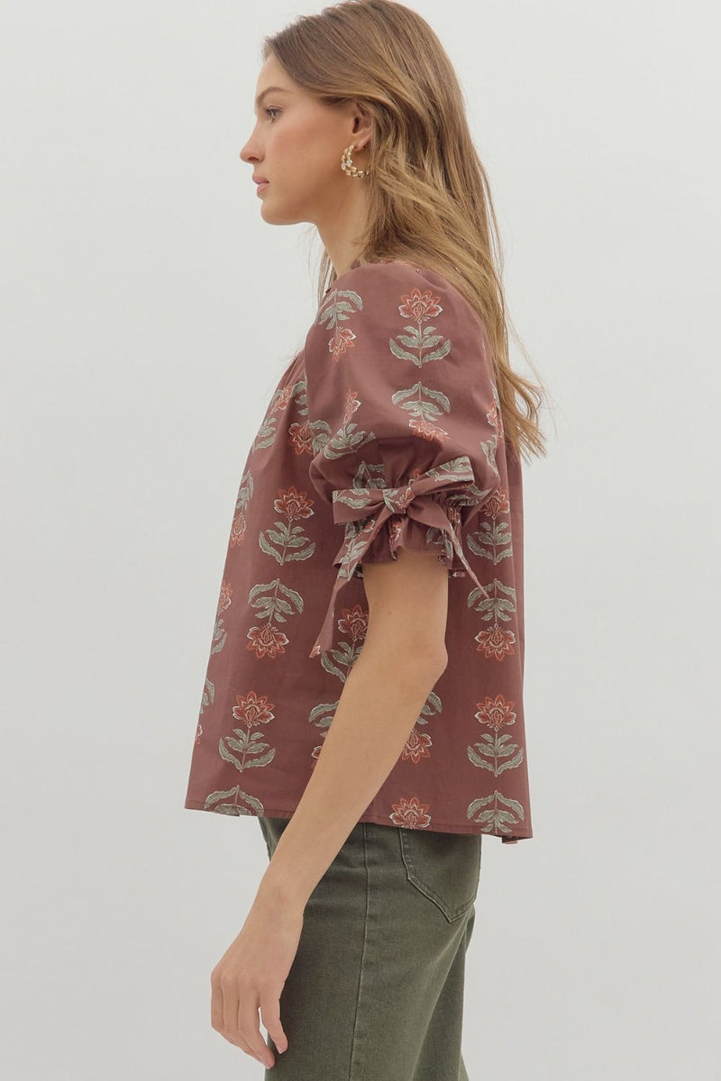 Athena Floral Print Ruffle Neck Top, Brown