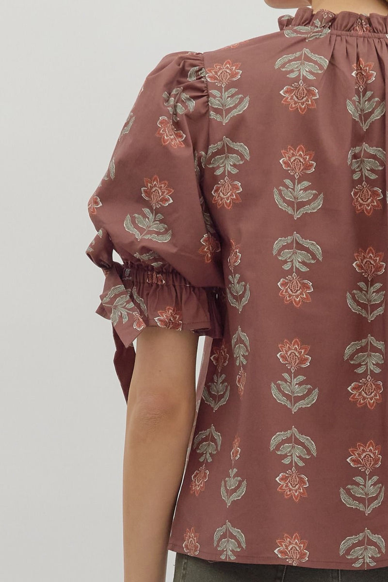 Athena Floral Print Ruffle Neck Top, Brown