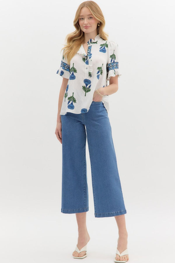 Amber Floral Ruffle Detailed Top, Blue