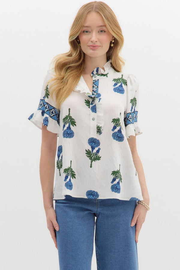 Amber Floral Ruffle Detailed Top, Blue